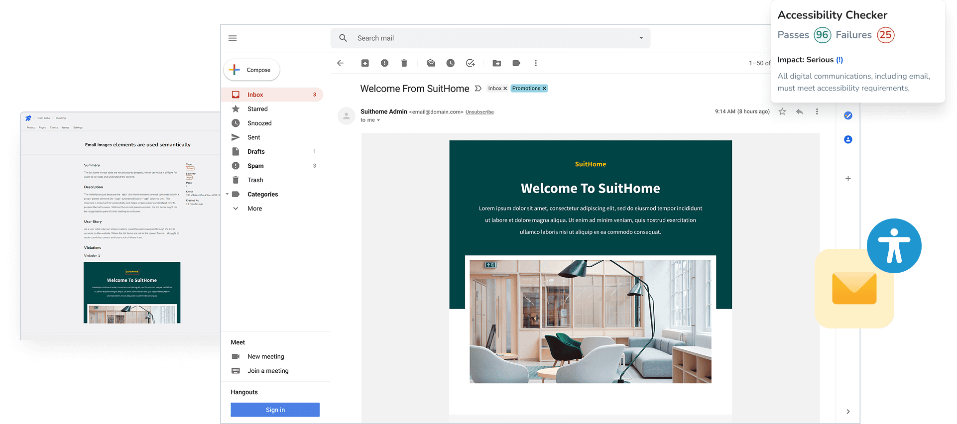 Email accessibility scanning interface showing email client and accessibility checker